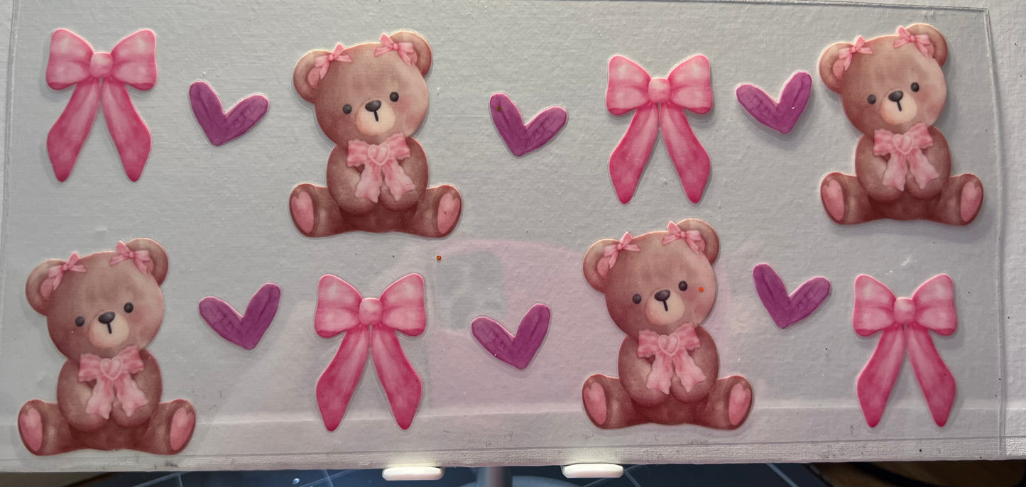 16oz UV DTF Wraps for Children's Drink Bottles or Snow Globes-Pink Bows, Hearts and Teddybears