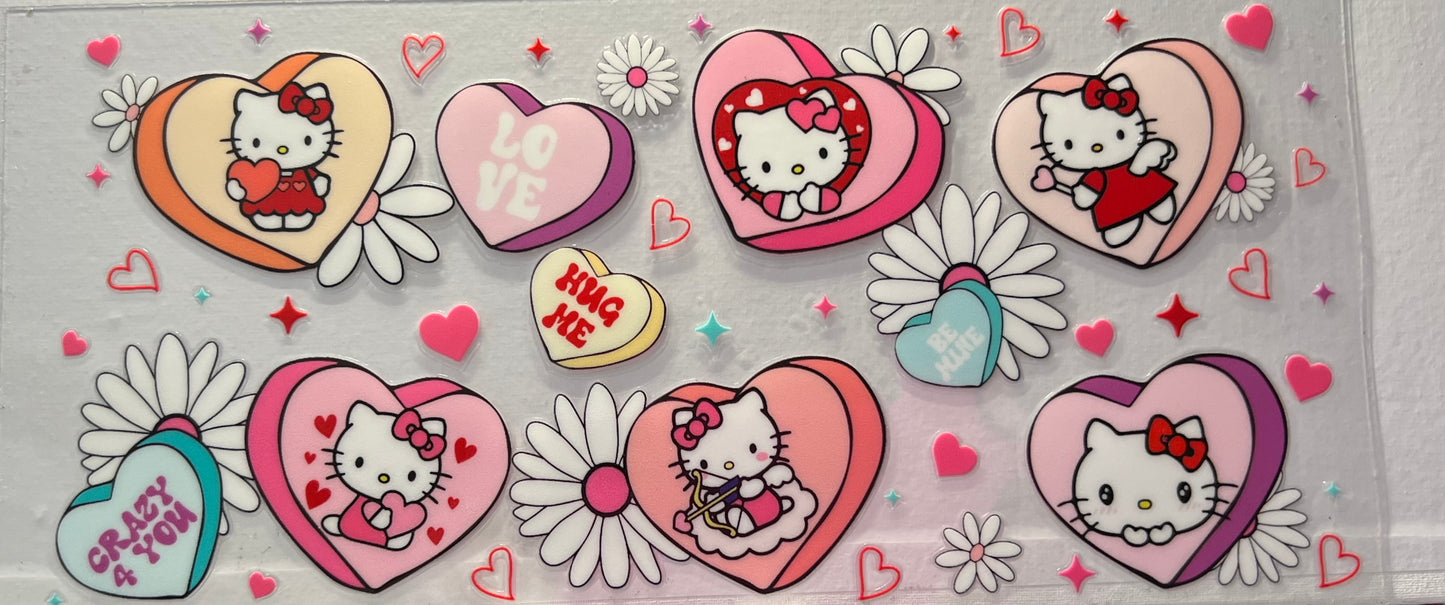 16oz UV DTF Wraps for Children's Drink Bottles or Snow Globes -Hello Kitty on hearts with flowers