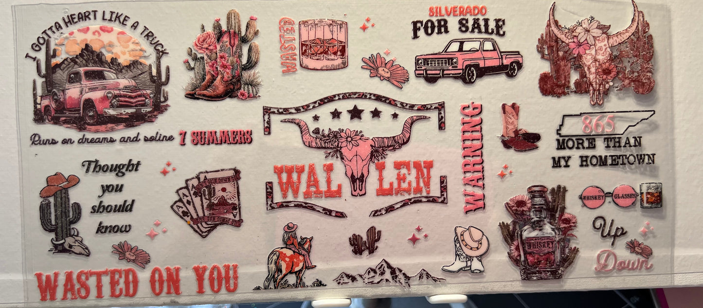 16oz UV DTF Wraps for Children's Drink Bottles or Snow Globes - Wallen - Wasted On You - Pink