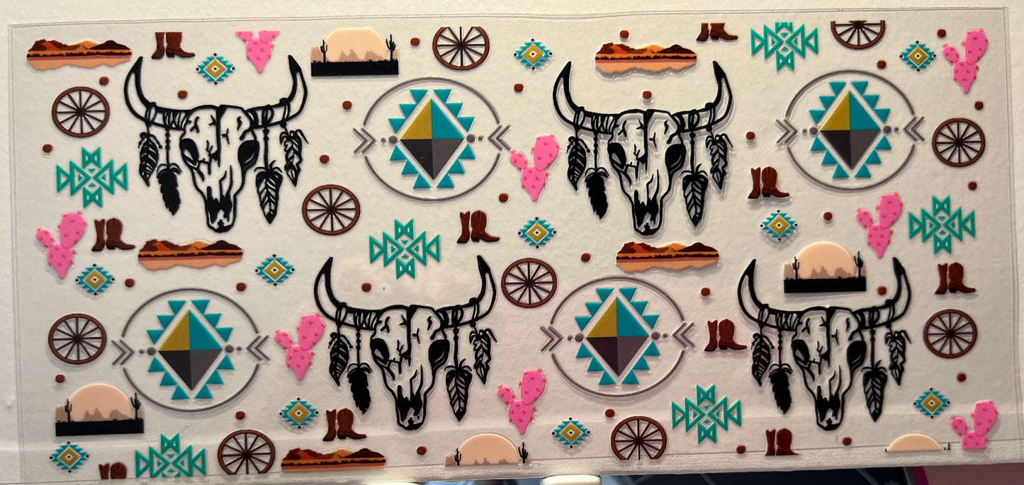 16oz UV DTF Wraps for Children's Drink Bottles or Snow Globes - Cow Skulls, Western Design