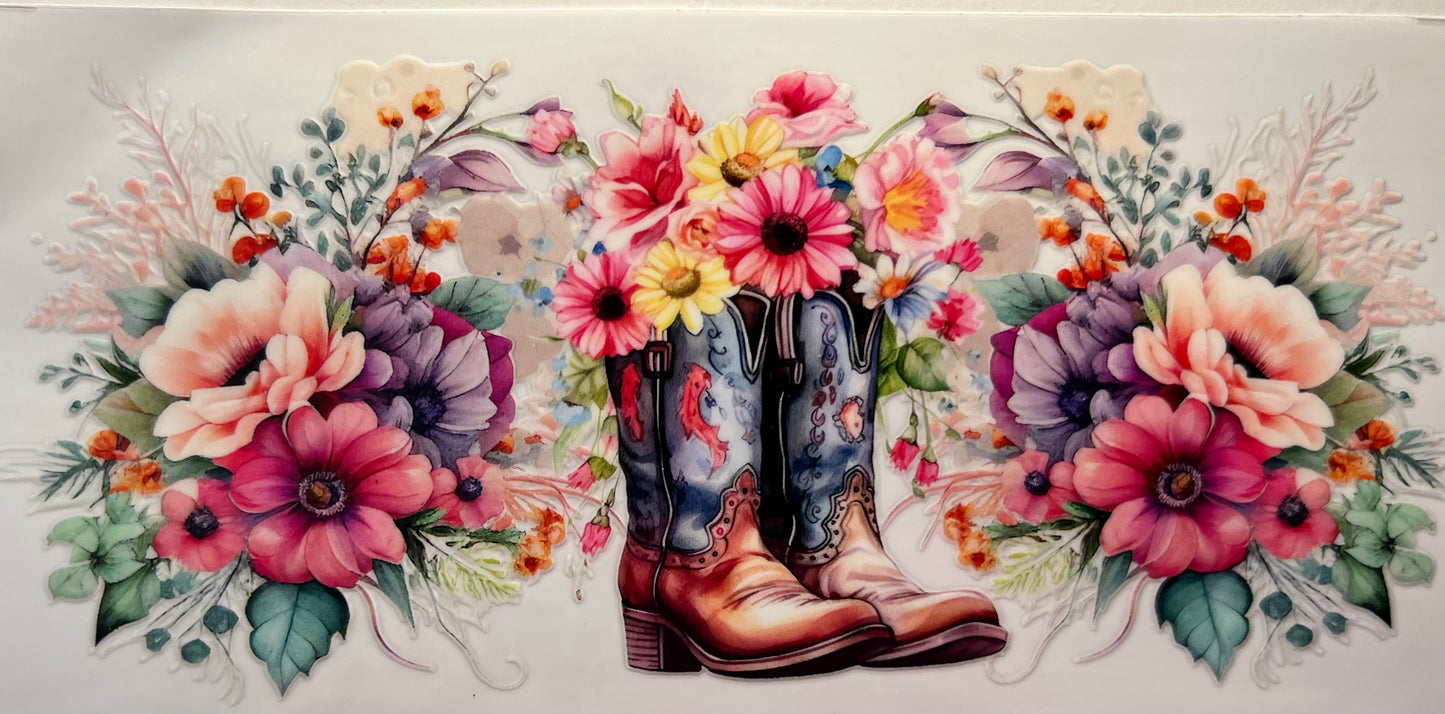 16oz UV DTF Wraps for Children's Drink Bottles or Snow Globes - Cowgirl Boots with flowers