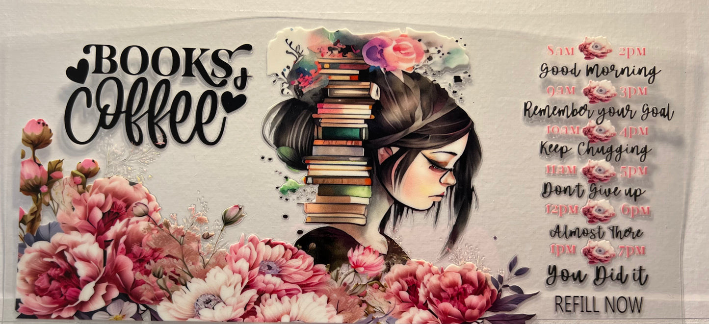 16oz UV DTF Wraps for Children's Drink Bottles or Snow Globes - Books & Coffee Girl reading, flowers, affimation