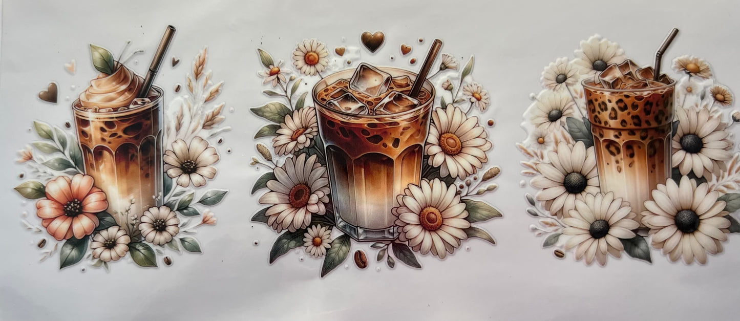 16oz UV DTF Wraps for Children's Drink Bottles or Snow Globes - Iced Coffee and Daisy