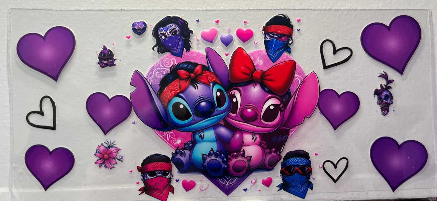 16oz UV DTF Wraps for Children's Drink Bottles or Snow Globes - Stitch and Angle with Purple hearts