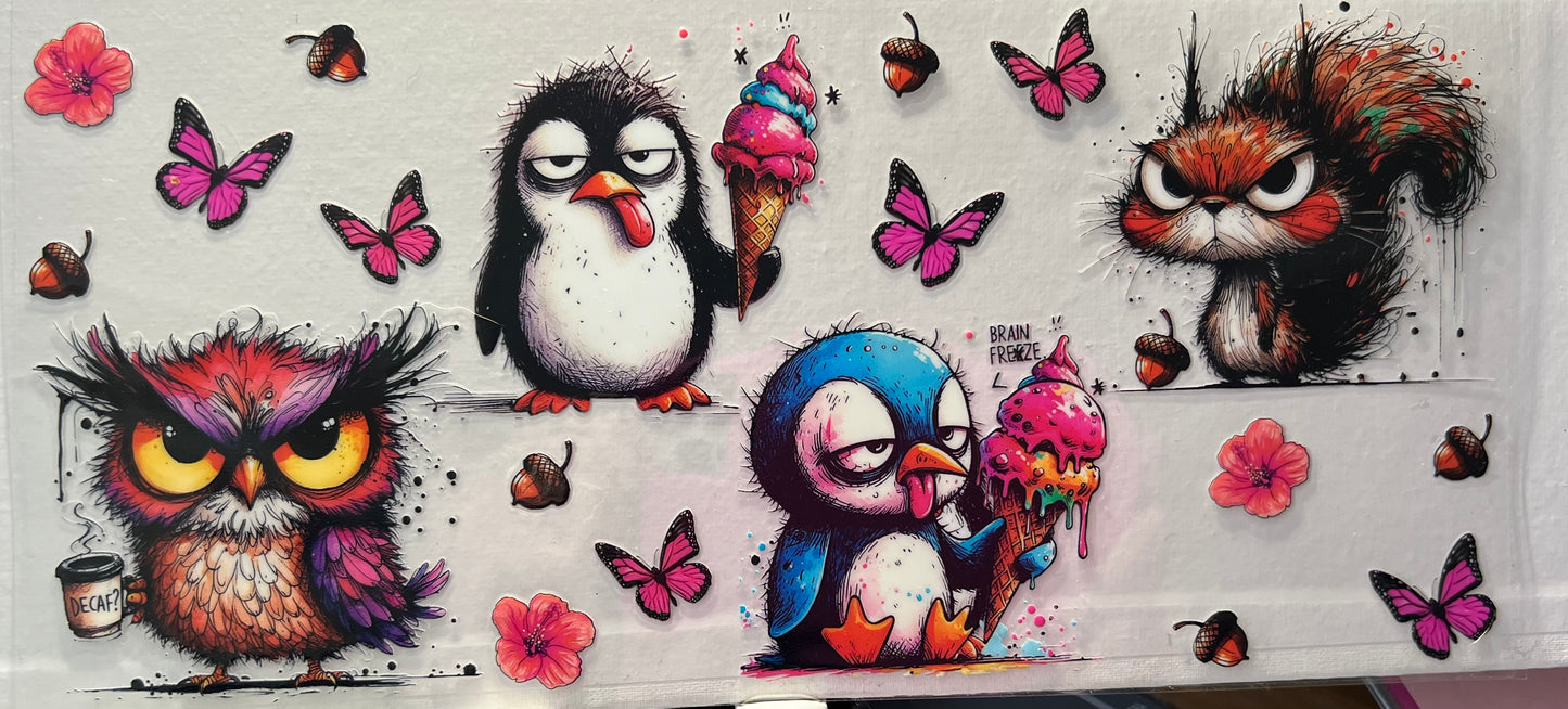 16oz UV DTF Wraps for Children's Drink Bottles or Snow Globes - Crazy Animals with Brain Freeze