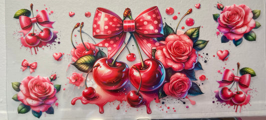 16oz UV DTF Wraps for Children's Drink Bottles or Snow Globes - Cherries, Bows and Roses