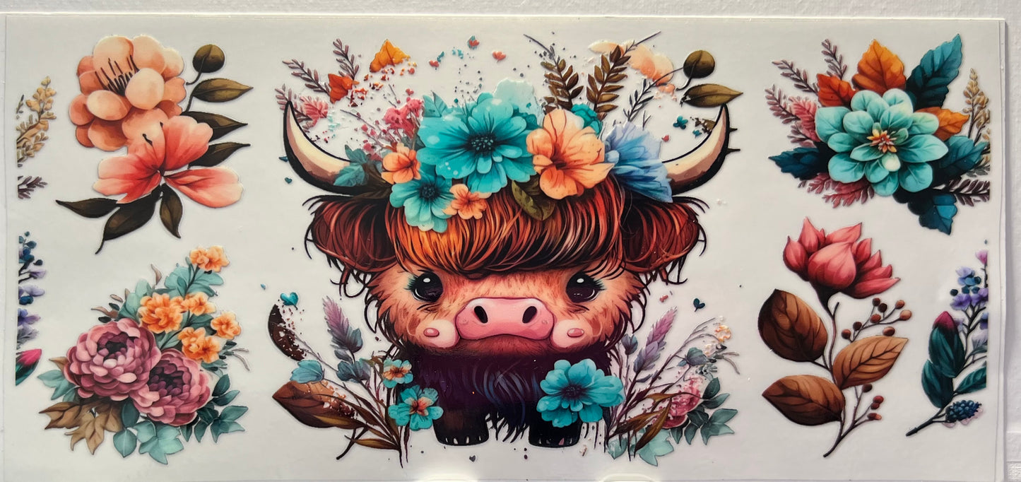 16oz UV DTF Wraps for Children's Drink Bottles or Snow Globes -Highland Cow Teal