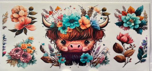 16oz UV DTF Wraps for Children's Drink Bottles or Snow Globes -Highland Cow Teal