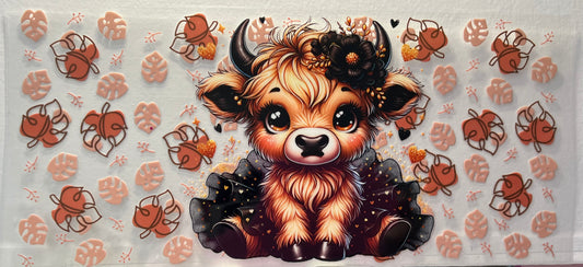 16oz UV DTF Wraps for Children's Drink Bottles or Snow Globes -Highland Cow Black Tutu & leaves brown
