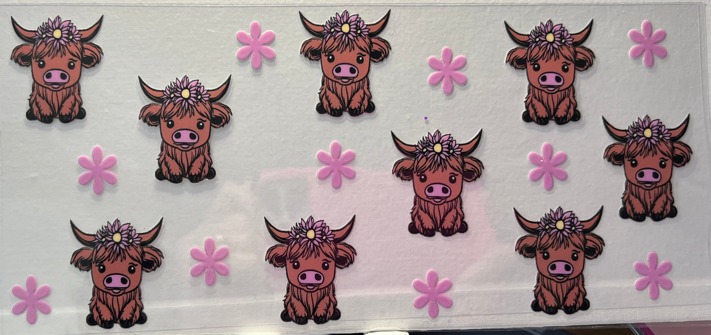 16oz UV DTF Wraps for Children's Drink Bottles or Snow Globes -Highland Cow Pink Flowers Cartoon
