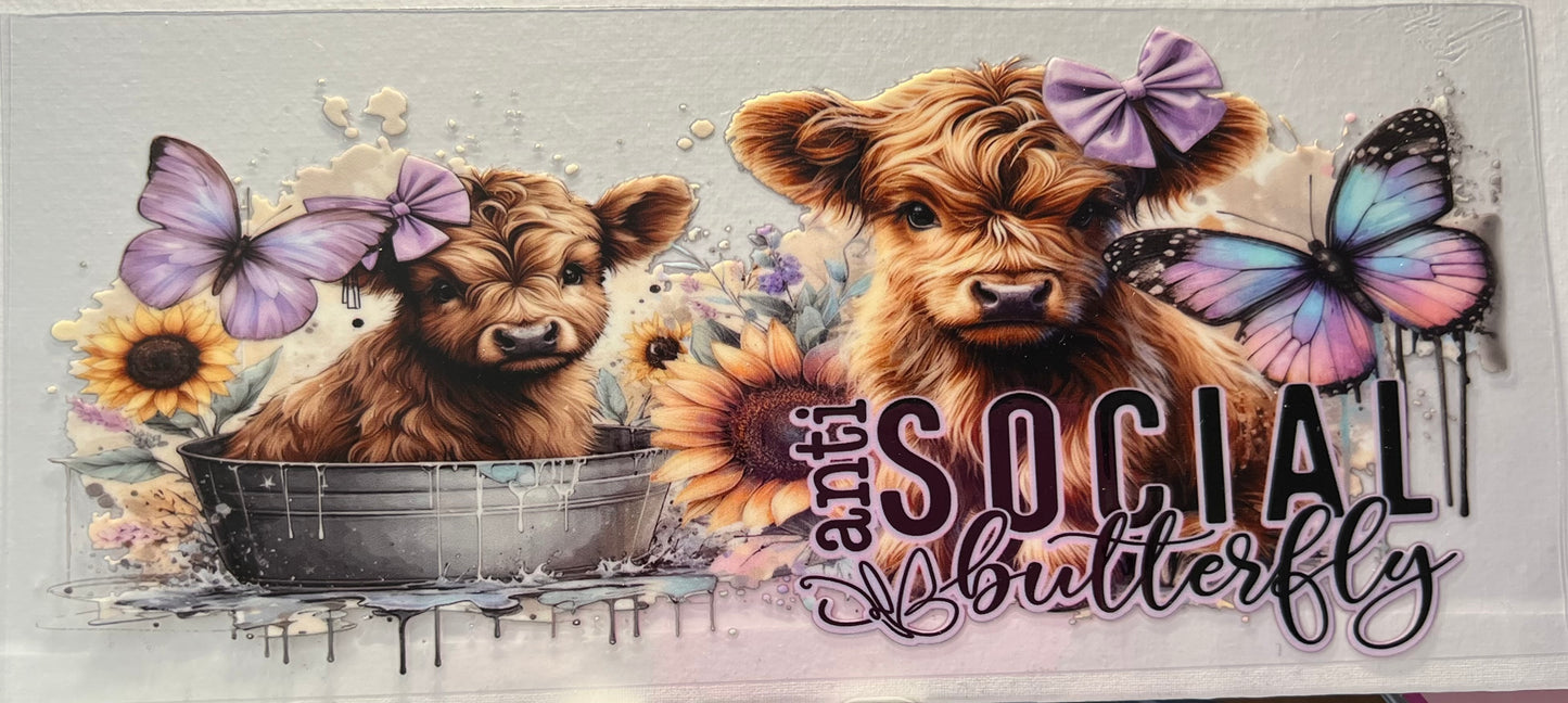 16oz UV DTF Wraps for Children's Drink Bottles or Snow Globes -Highland Cow Purple Bow Social Butterflys Anti