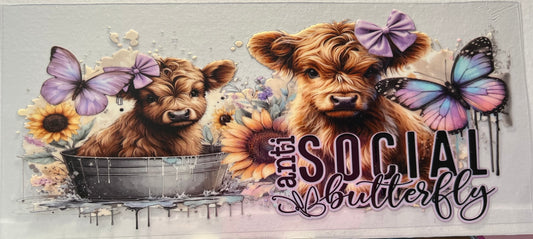 16oz UV DTF Wraps for Children's Drink Bottles or Snow Globes -Highland Cow Purple Bow Social Butterflys Anti