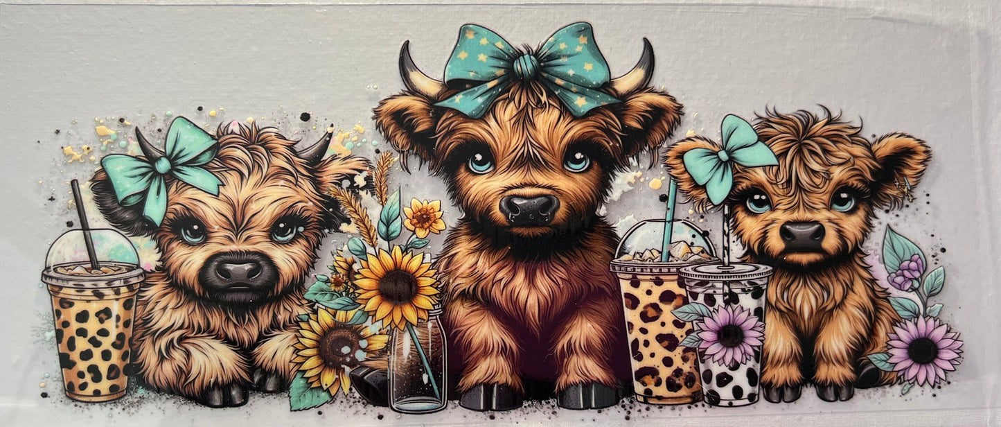 16oz UV DTF Wraps for Children's Drink Bottles or Snow Globes -Highland Cow Turquoise Bow and iced coffee