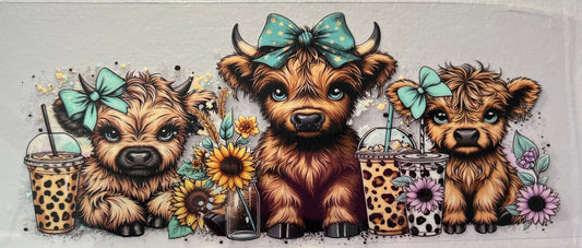 16oz UV DTF Wraps for Children's Drink Bottles or Snow Globes -Highland Cow Turquoise Bow and iced coffee