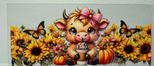 16oz UV DTF Wraps for Children's Drink Bottles or Snow Globes -Highland Cow Pink Bow and iced coffee sunflower and pumpkin