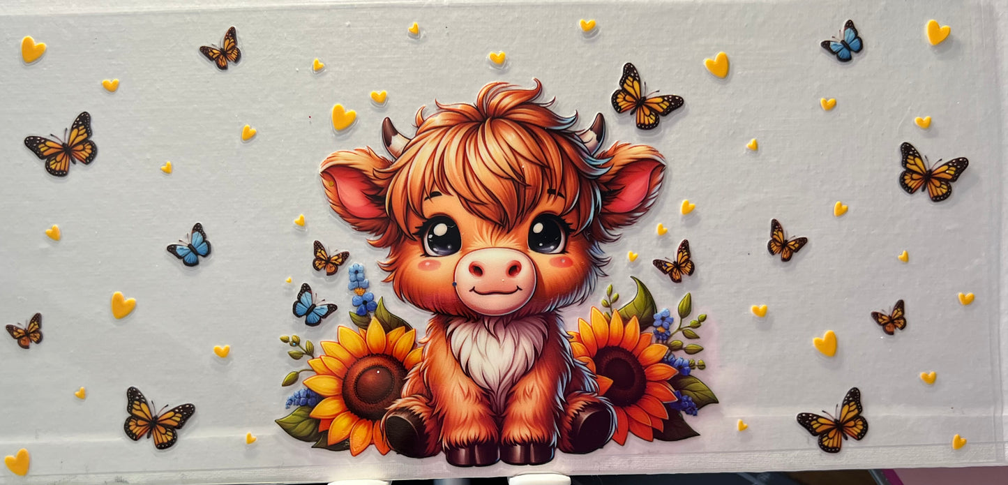 16oz UV DTF Wraps for Children's Drink Bottles or Snow Globes -Highland Cow, sunflowers and butterflies