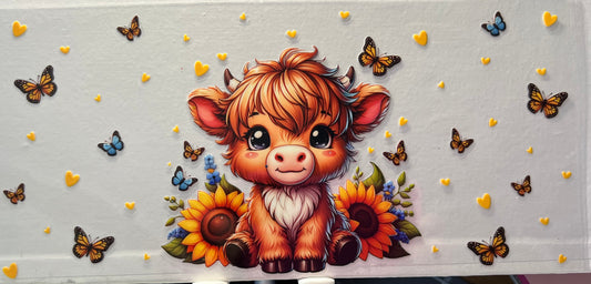 16oz UV DTF Wraps for Children's Drink Bottles or Snow Globes -Highland Cow, sunflowers and butterflies