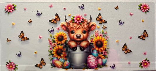 16oz UV DTF Wraps for Children's Drink Bottles or Snow Globes -Highland Cow, sunflowers and butterflies in tin bucket