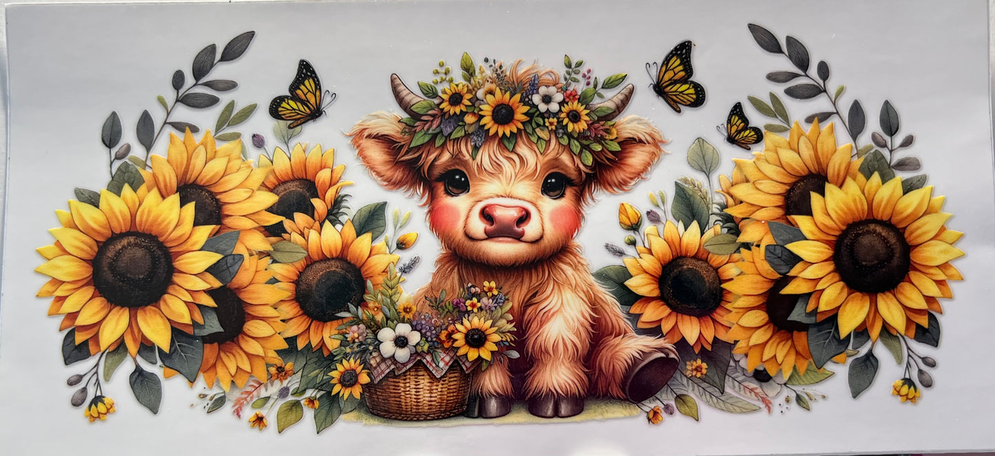 16oz UV DTF Wraps for Children's Drink Bottles or Snow Globes -Highland Cow, sunflowers and sunflower head dress