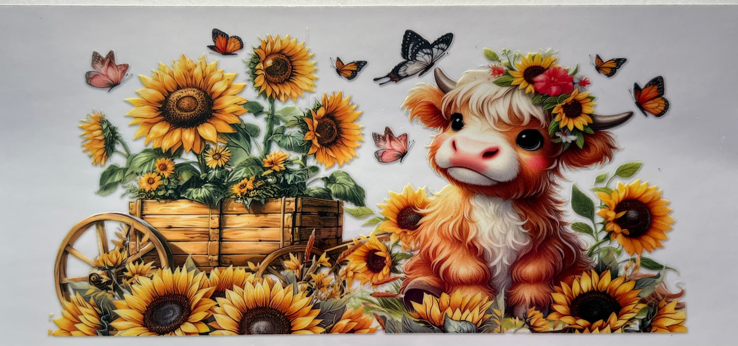 16oz UV DTF Wraps for Children's Drink Bottles or Snow Globes -Highland Cows, sunflowers and Wooden Cart