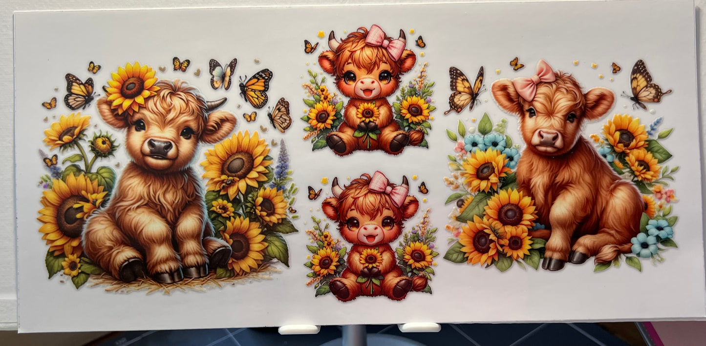 16oz UV DTF Wraps for Children's Drink Bottles or Snow Globes -4 Highland Cows, sunflowers and Pink bows