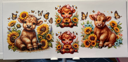 16oz UV DTF Wraps for Children's Drink Bottles or Snow Globes -4 Highland Cows, sunflowers and Pink bows