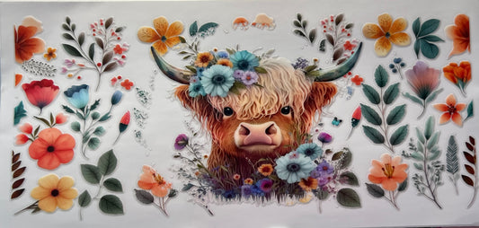 16oz UV DTF Wraps for Children's Drink Bottles or Snow Globes - Highland Cow, flowers and teal flower head dress