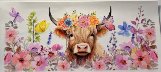 16oz UV DTF Wraps for Children's Drink Bottles or Snow Globes - Highland Cow, Pastel Flowers and Head Dress