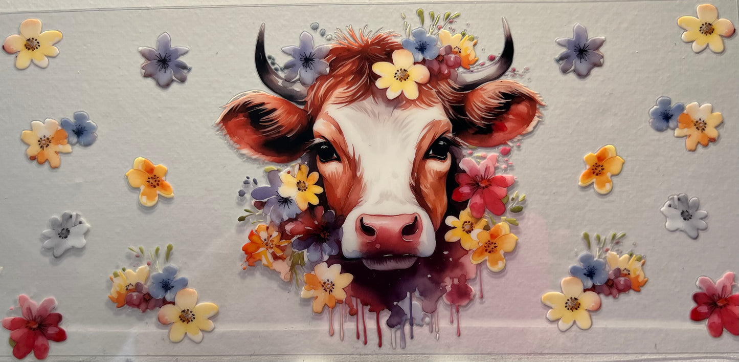 16oz UV DTF Wraps for Children's Drink Bottles or Snow Globes - Jersey Cow, Pastel Flowers and Head Dress