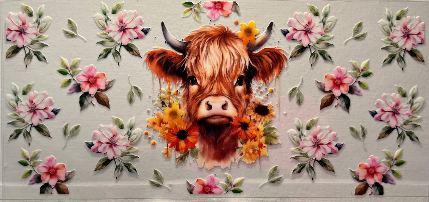 16oz UV DTF Wraps for Children's Drink Bottles or Snow Globes - Highland Cow, Pink Flowers