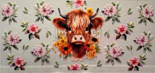 16oz UV DTF Wraps for Children's Drink Bottles or Snow Globes - Highland Cow, Pink Flowers