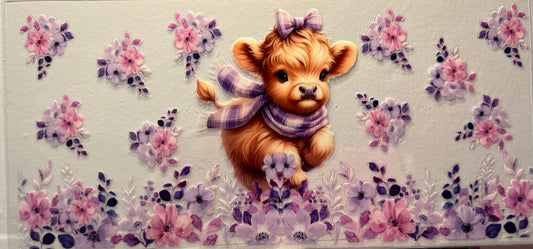 16oz UV DTF Wraps for Children's Drink Bottles or Snow Globes - Baby Highland Cow,Running in Lilac Flowers
