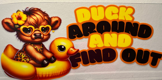 16oz UV DTF Wraps for Children's Drink Bottles or Snow Globes -  Highland Cow on rubber duck. Duck around and Find out