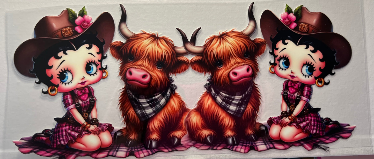 16oz UV DTF Wraps for Children's Drink Bottles or Snow Globes -  Highland Cow and Betty Boop