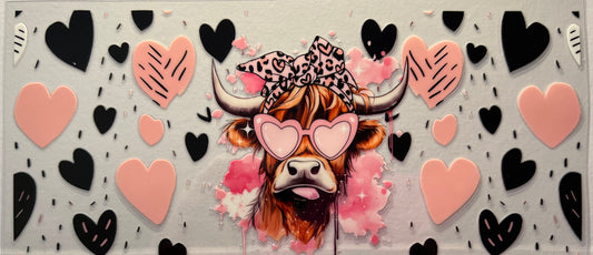 16oz UV DTF Wraps for Children's Drink Bottles or Snow Globes -  Highland Cow in sunglasses with hearts all round