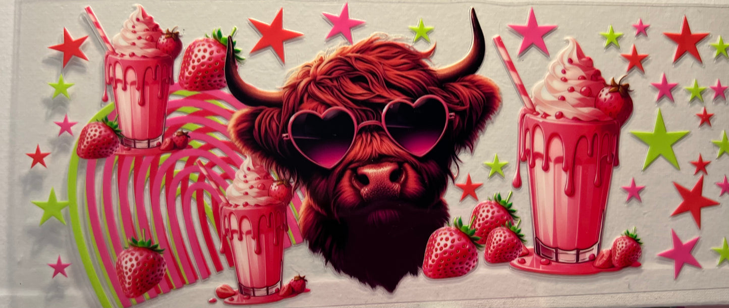 16oz UV DTF Wraps for Children's Drink Bottles or Snow Globes -  Highland Cow in sunglasses with Milkshakes and stars