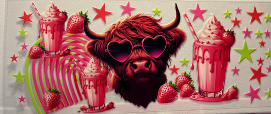 16oz UV DTF Wraps for Children's Drink Bottles or Snow Globes -  Highland Cow in sunglasses with Milkshakes and stars