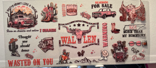 16oz UV DTF Wraps for Children's Drink Bottles or Snow Globes - Wallen - Wasted On You - Pink