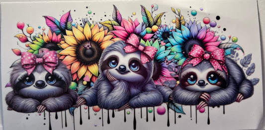 16oz UV DTF Wraps for Children's Drink Bottles or Snow Globes - 3 Sloths with flower