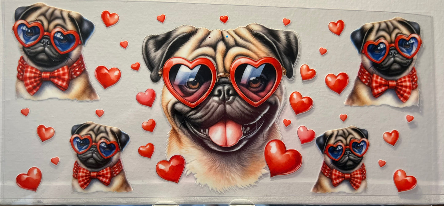 16oz UV DTF Wraps for Children's Drink Bottles or Snow Globes -Pug with heart sunglasses