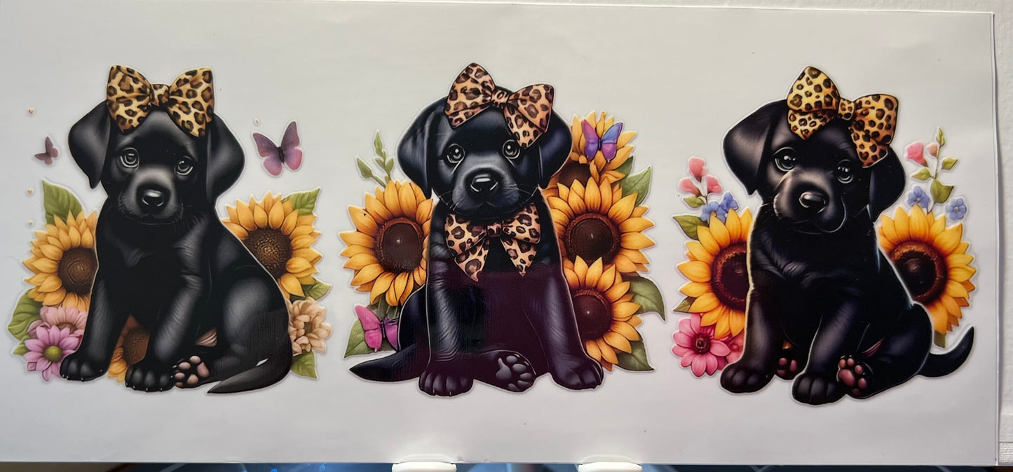 16oz UV DTF Wraps for Children's Drink Bottles or Snow Globes - Black Labradour sunflowers and bows