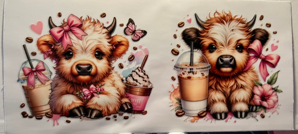 16oz UV DTF Wraps for Children's Drink Bottles or Snow Globes - 2 Highland Cows with Pink Bow iced coffe