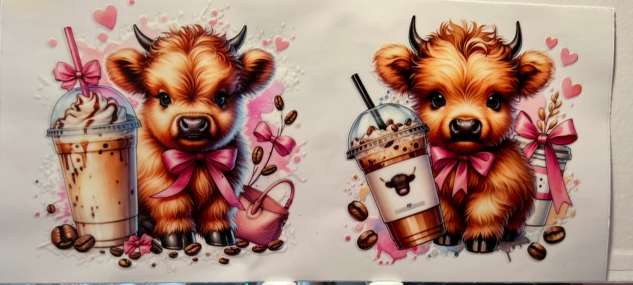16oz UV DTF Wraps for Children's Drink Bottles or Snow Globes - 2 Highland Cows with iced coffe (Copy)