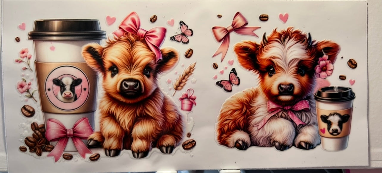 16oz UV DTF Wraps for Children's Drink Bottles or Snow Globes - 2 Highland Cows with Large coffee and Pink Bow