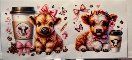 16oz UV DTF Wraps for Children's Drink Bottles or Snow Globes - 2 Highland Cows with Large coffee and Pink Bow