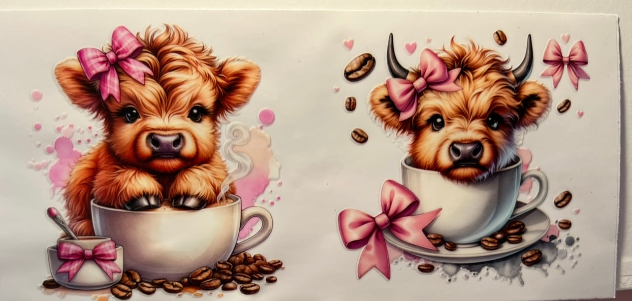 16oz UV DTF Wraps for Children's Drink Bottles or Snow Globes - 2 Highland Cows in Tea Cups